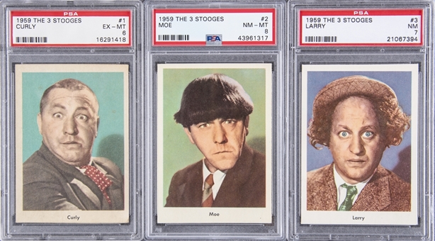 1959 Fleer "Three Stooges" Portrait Cards PSA EX-MT 6 to PSA NM-MT 8 Trio (3 Different) – Including #s 1 Curly, 2 Moe and 3 Larry